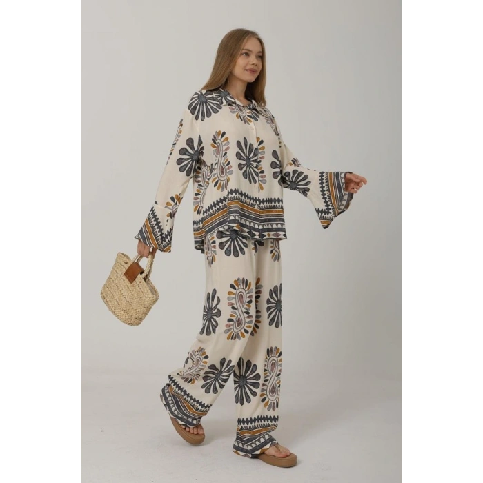 Desenli Kolları Volanlı Pantolon Takım  Antrasit