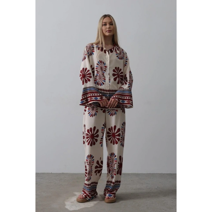 Desenli Kolları Volanlı Pantolon Takım  Kırmızı