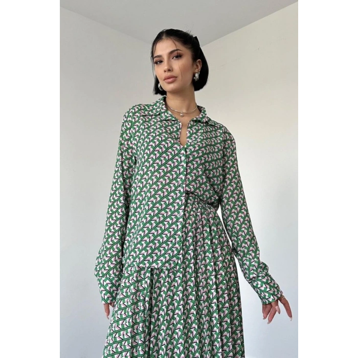 Desenli Viskon Gömlek Ve Etek Takım  Yeşil