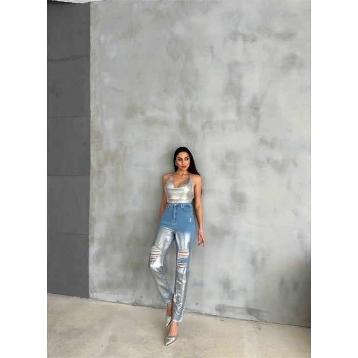 DİZ YIRTIK VARAKLI MOM KOT PANTOLON  Gümüş