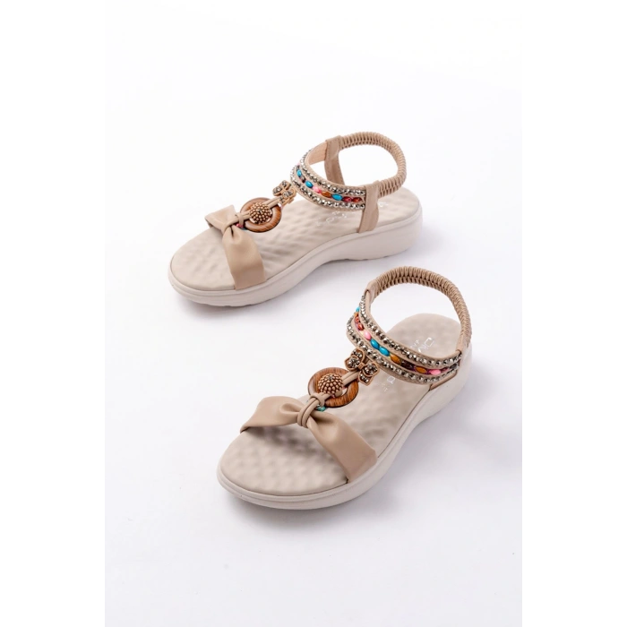 DM-608 Bej Taşlı Arka Lastikli Günlük Kadın Sandalet