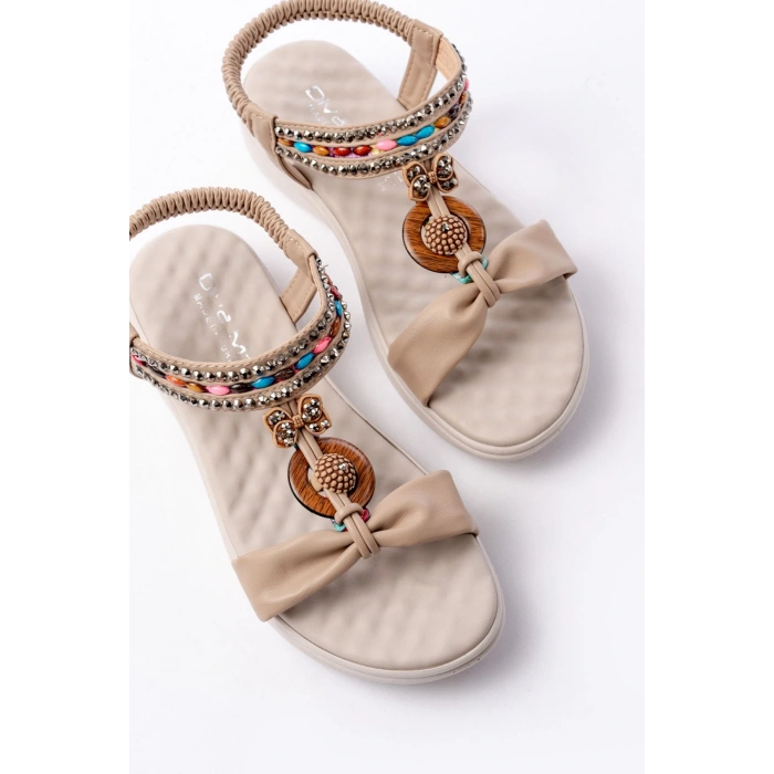 DM-608 Bej Taşlı Arka Lastikli Günlük Kadın Sandalet