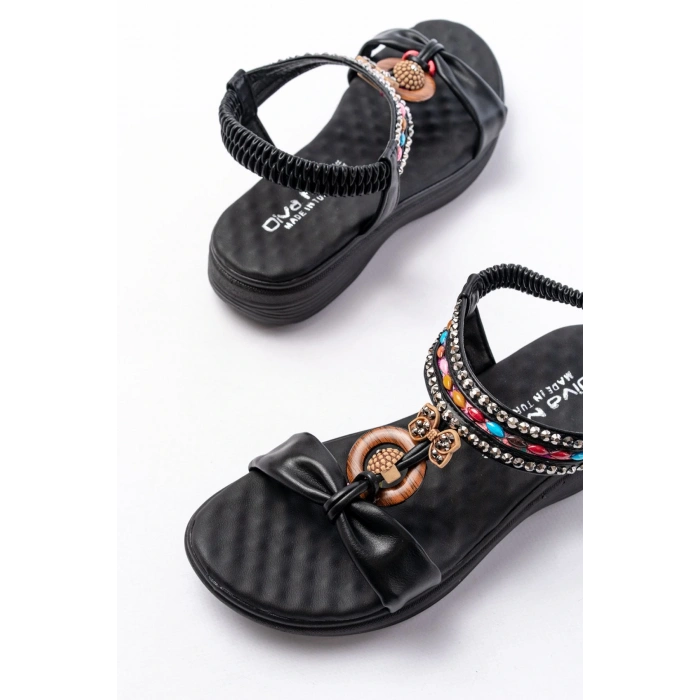 DM-608 Siyah Taşlı Arka Lastikli Günlük Kadın Sandalet