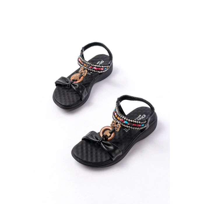 DM-608 Siyah Taşlı Arka Lastikli Günlük Kadın Sandalet