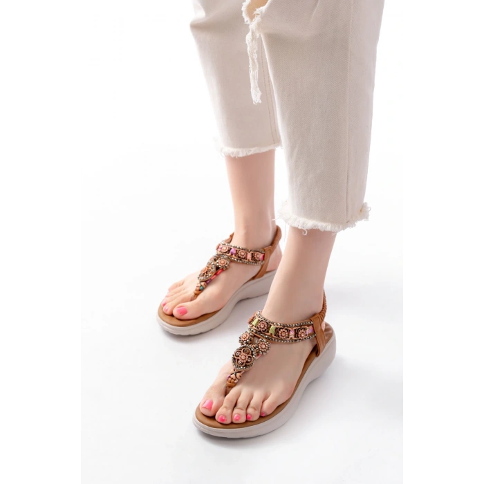 DM-609 Taba Taşlı Arka Lastikli Parmak Arası Kadın Sandalet