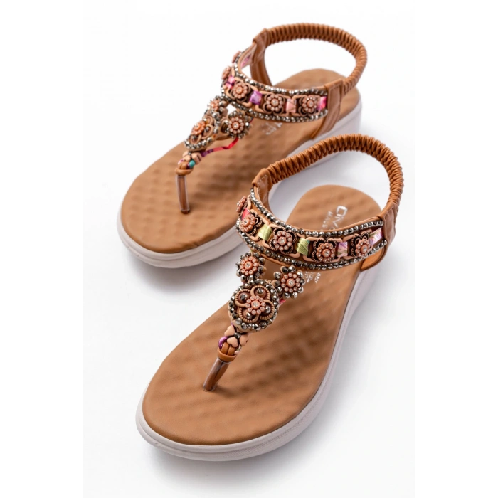 DM-609 Taba Taşlı Arka Lastikli Parmak Arası Kadın Sandalet