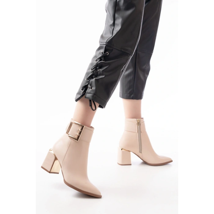 DNZ-400 Bej Toka Aksesuarlı Topuklu Fermuarlı Günlük Kadın Bot