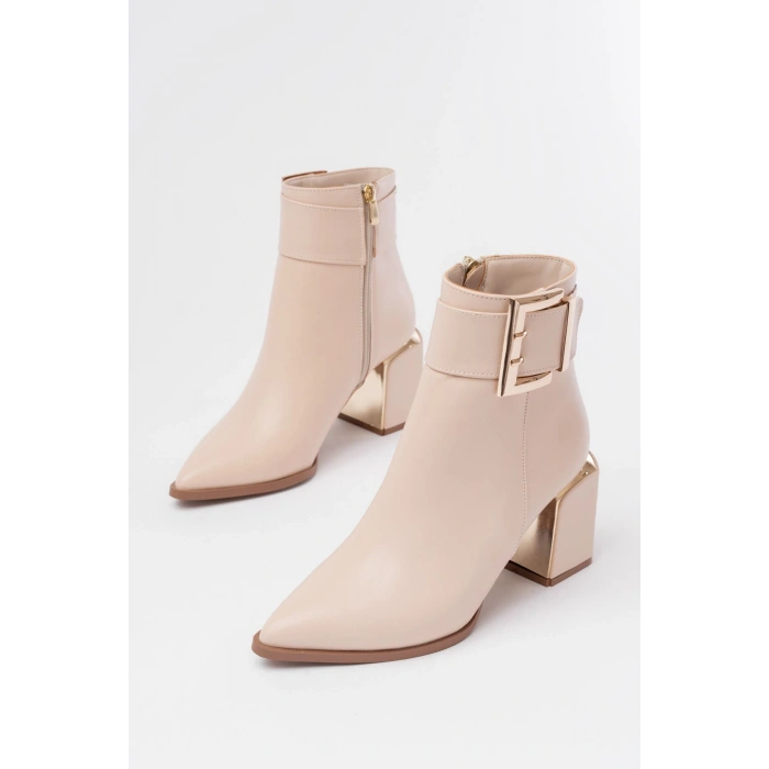 DNZ-400 Bej Toka Aksesuarlı Topuklu Fermuarlı Günlük Kadın Bot