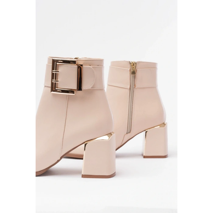 DNZ-400 Bej Toka Aksesuarlı Topuklu Fermuarlı Günlük Kadın Bot