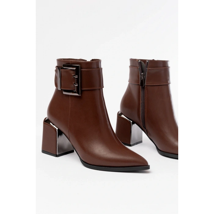 DNZ-400 Kahverengi Toka Aksesuarlı Topuklu Fermuarlı Günlük Kadın Bot