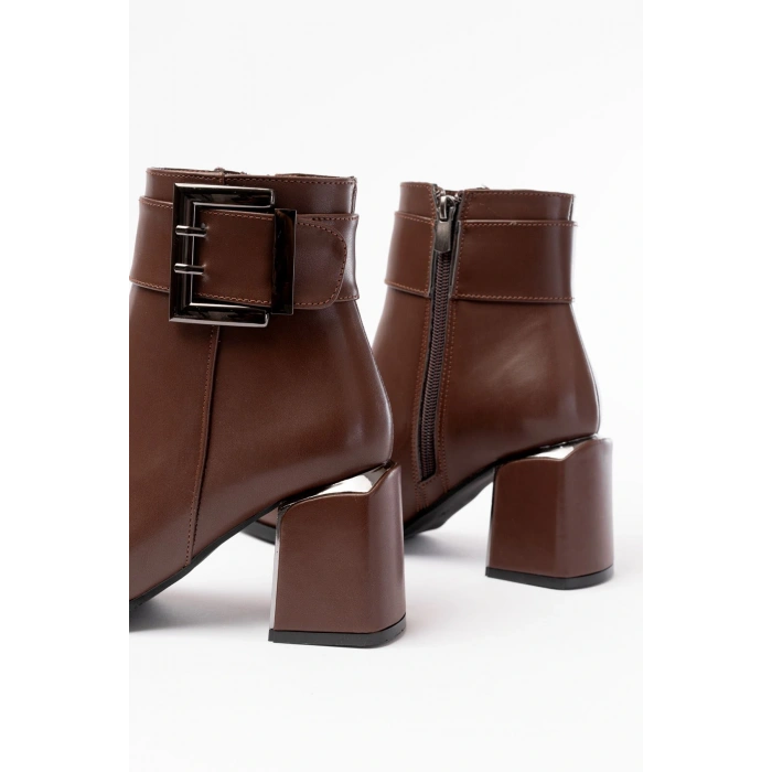 DNZ-400 Kahverengi Toka Aksesuarlı Topuklu Fermuarlı Günlük Kadın Bot