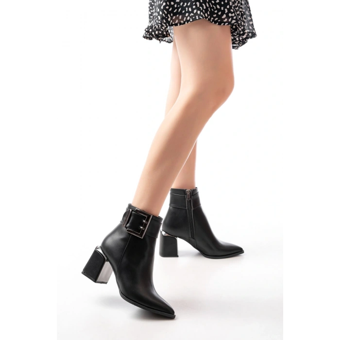DNZ-400 Siyah Toka Aksesuarlı Topuklu Fermuarlı Günlük Kadın Bot