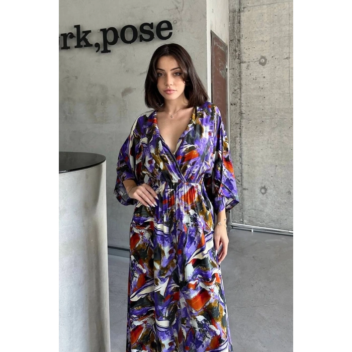 Dokuma baskılı yarasa kol elbise s8124