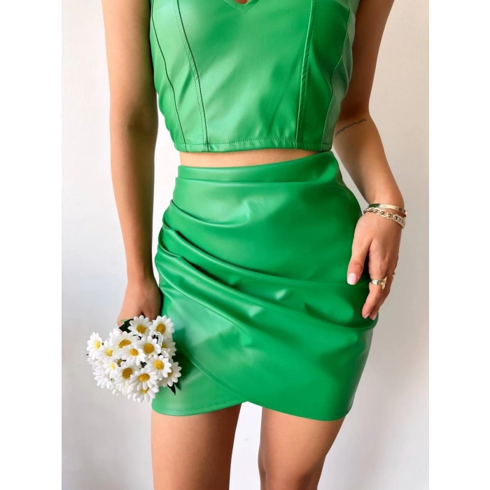Drapeli deri etek yeşil s24771