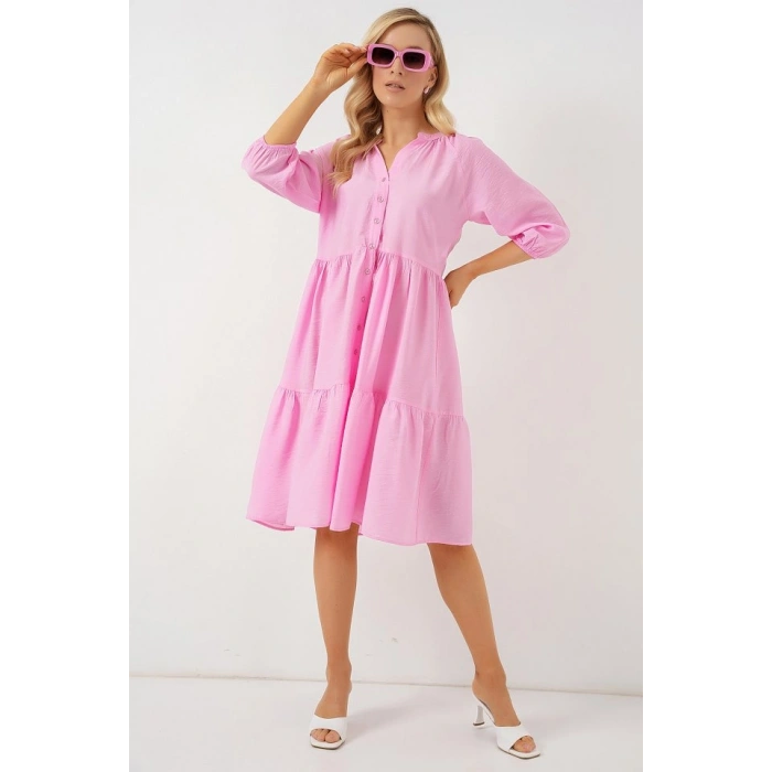 Düğmeli Kısa Kol Elbise 2559  Pembe