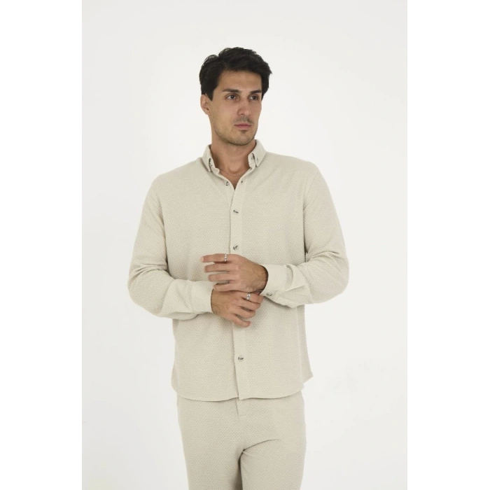 Düğmeli Tam Kalıp Uzun Kol Jakar Gömlek  Gri