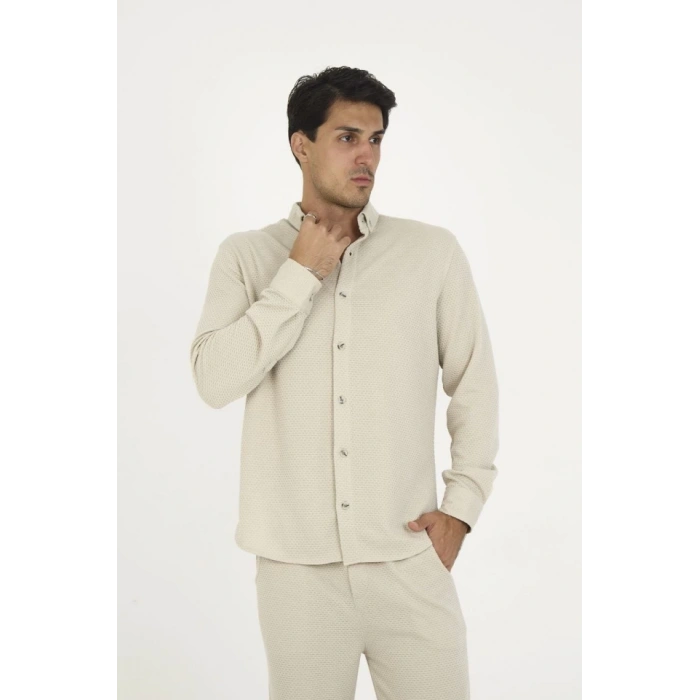 Düğmeli Tam Kalıp Uzun Kol Jakar Gömlek  Gri