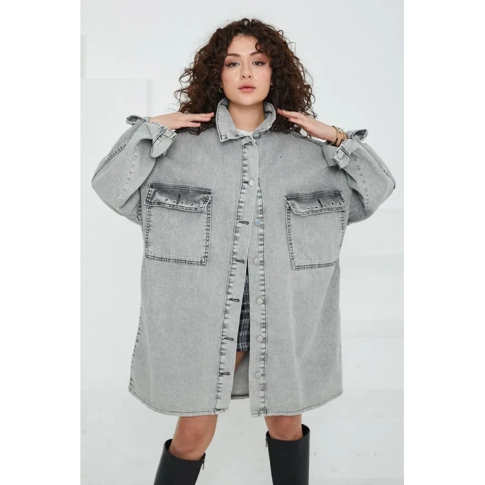 Düz Gömlek Yaka Kadın Gri Kuş Gözü Cepli Kot Ceket