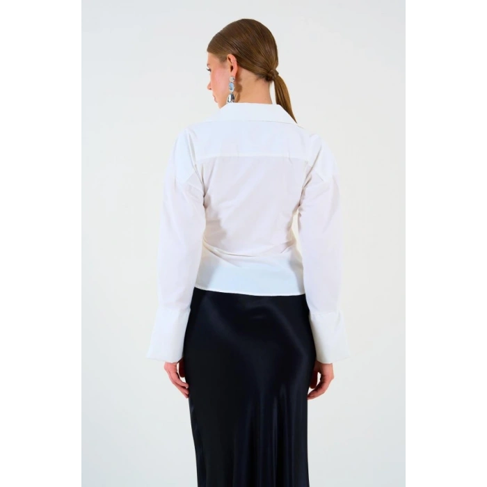 Düz Yandan Bağlamalı Gömlek  Ekru