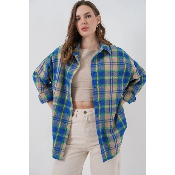 Ekose Desen Oversize Oduncu Gömlek 54 Mavi Gri