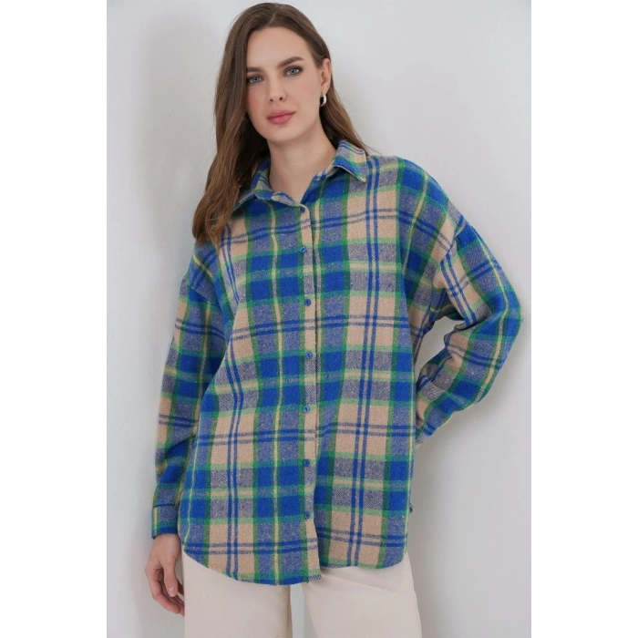 Ekose Desen Oversize Oduncu Gömlek 54 Mavi Gri