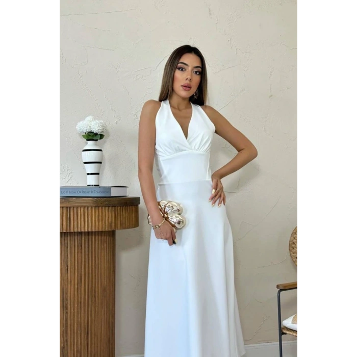 Ekru Atlas Göğüs Kuplu Elbise