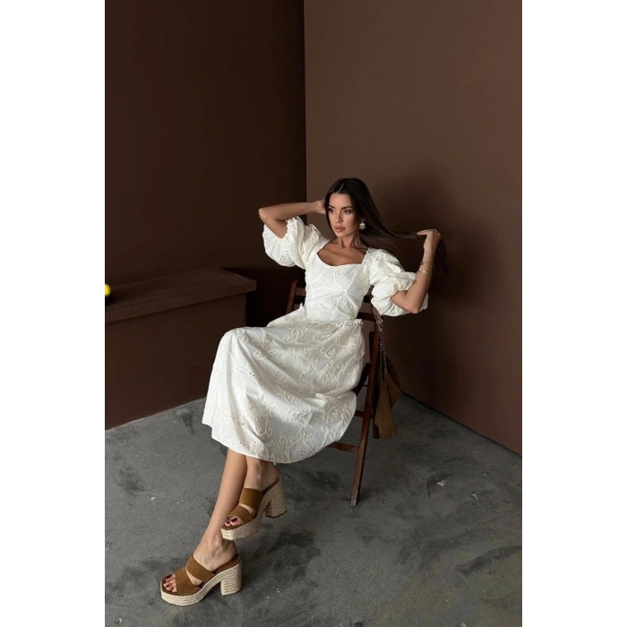 Ekru Balon Kollu Dantelli Brode Elbise