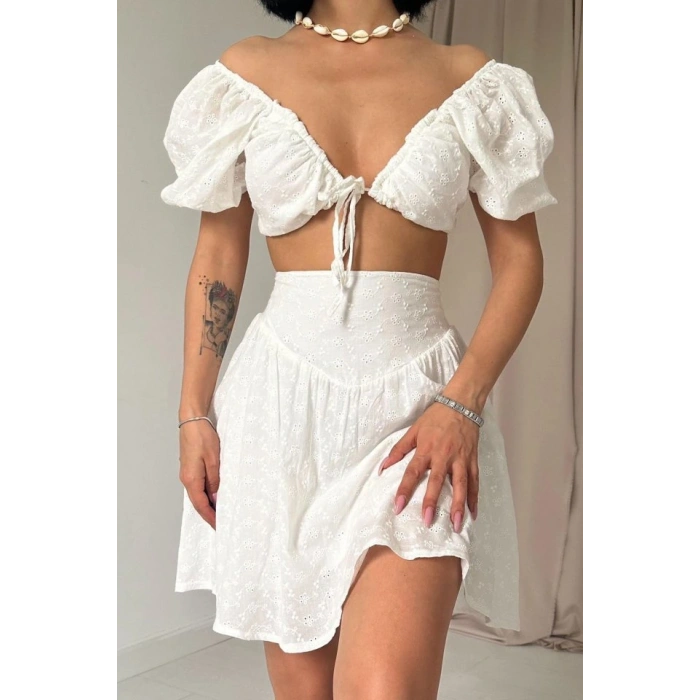 Ekru Brode Crop Ve ini Etek Takım