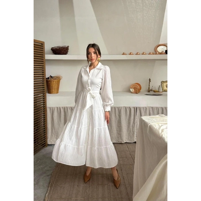 Ekru Çizgi Desenli Uzun Elbise