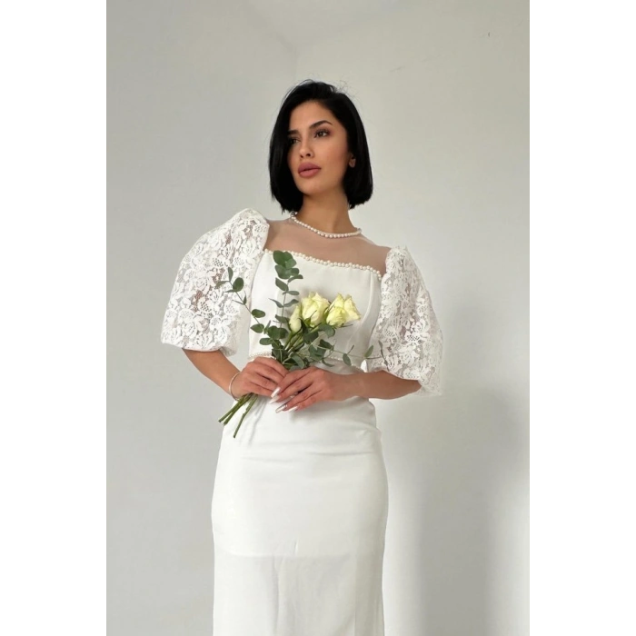 Ekru İncili Tül Detay Elbise