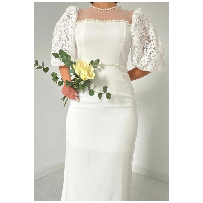 Ekru İncili Tül Detay Elbise