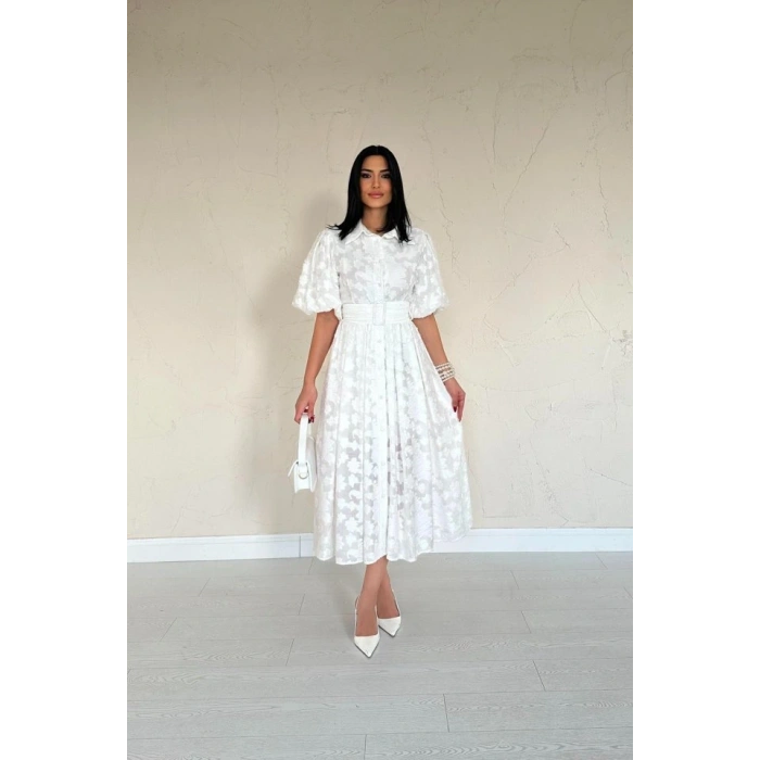Ekru Kemerli Balon Kollu Elbise