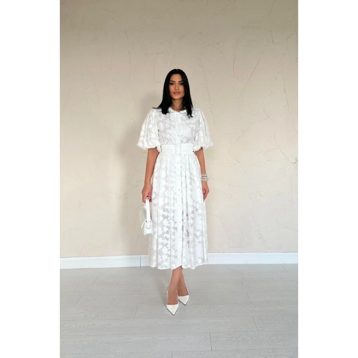 Ekru Kemerli Balon Kollu Elbise