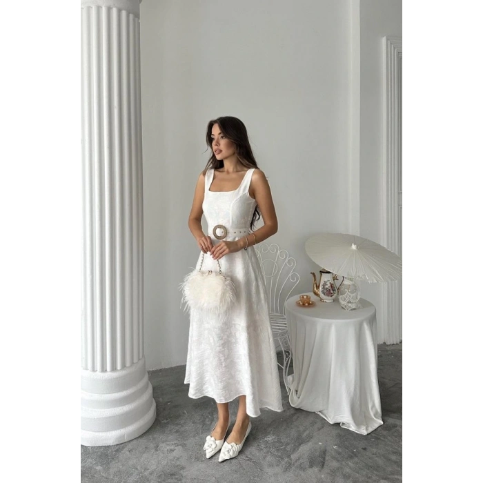 Ekru Kuplu Uzun Elbise