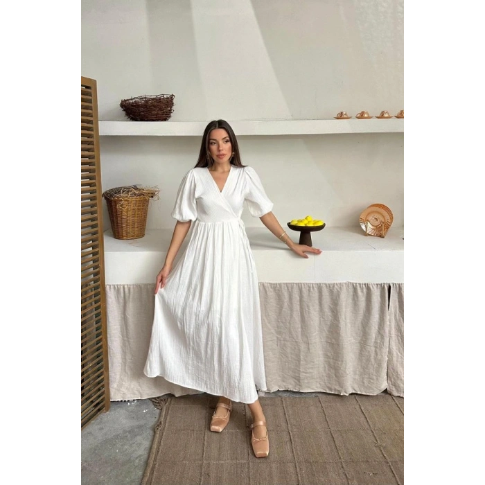 Ekru üslin Uzun Elbise