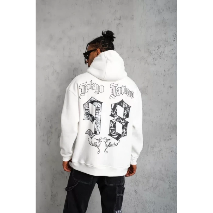 Erkek 98 Baskılı Kapşonlu weat  Beyaz