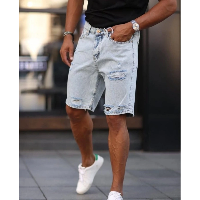 Erkek Açık Mavi Detaylı Kot Şort