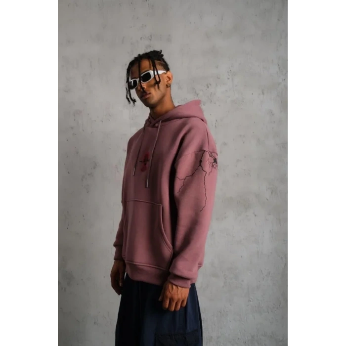 Erkek aske Baskılı Kapüşonlu weat  Gül Kurusu