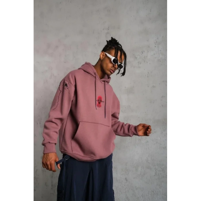 Erkek aske Baskılı Kapüşonlu weat  Gül Kurusu