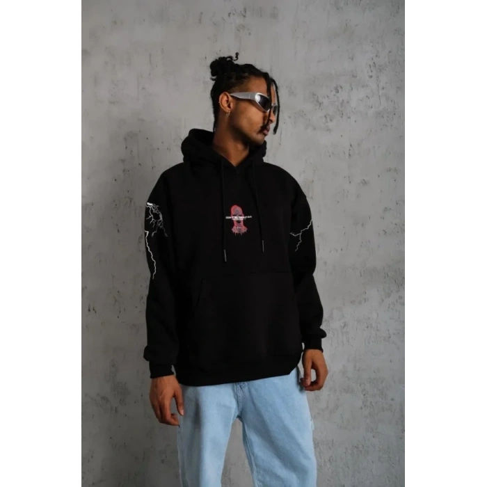 Erkek aske Baskılı Kapüşonlu weat  iyah