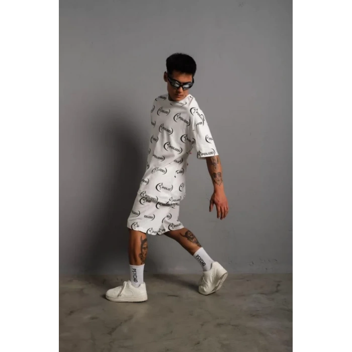 Erkek Baskılı İkili Şortlu Takım  Beyaz