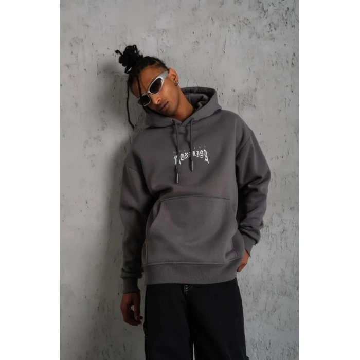 Erkek Baskılı Kapüşonlu Ve Kanguru Cepli weat Gri