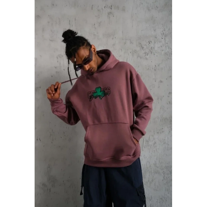 Erkek Baskılı Kapüşonlu Ve Kordon İpli weat  Gül Kurusu