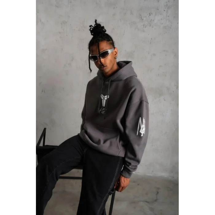Erkek Baskılı Kapüşonlu weat  Gri