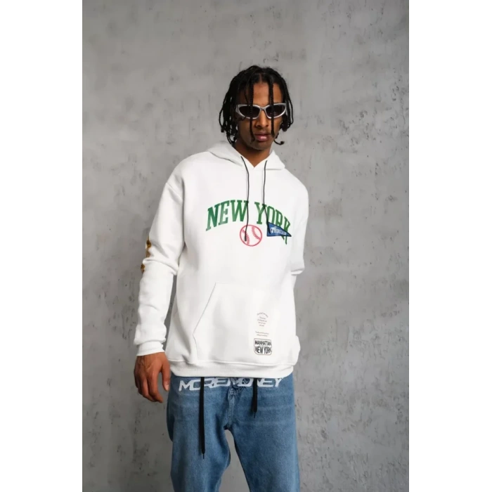 Erkek Baskılı Kapüşonlu weatshirt  Beyaz