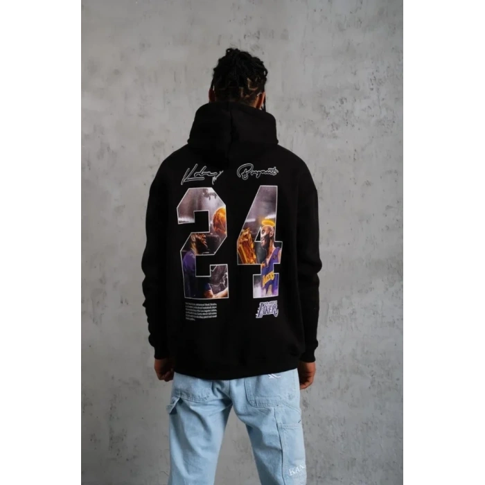 Erkek Baskılı Oversize Üç İplik Kapüşonlu weatshirt  iyah