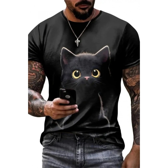 Erkek Bisiklet Yaka Kedi Baskılı Süprem Tshirt