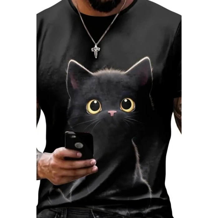 Erkek Bisiklet Yaka Kedi Baskılı Süprem Tshirt