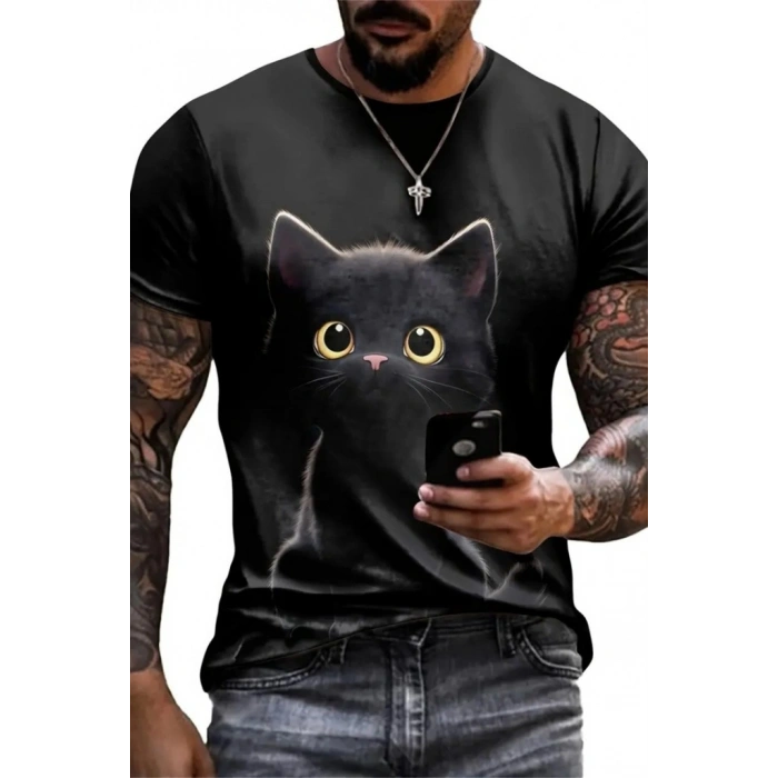 Erkek Bisiklet Yaka Kedi Baskılı Süprem Tshirt