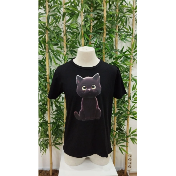 Erkek Bisiklet Yaka Kedi Baskılı Süprem Tshirt